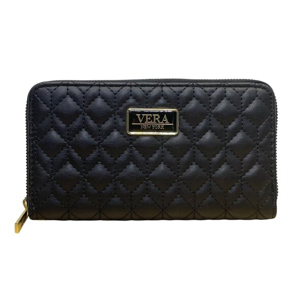 Vera New York Women’s Black Quilted Faux Leather Goldtone Logo Zip-Around Wallet - Picture 1 of 7